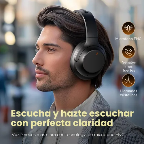 Vista 5 de Auriculares con cancelación activa de ruido, auriculares Bluetooth inalámbricos mejorados sobre la oreja con micrófono ENC, graves profundos estéreo