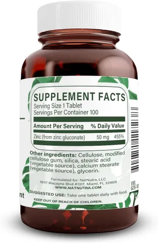 Vista 2 de Natural Nutra Suplemento de gluconato de zinc de 50 mg para apoyo inmunológico, piel, mejora el sabor y el olor, sin gluten, 50 mg, 100 tabletas