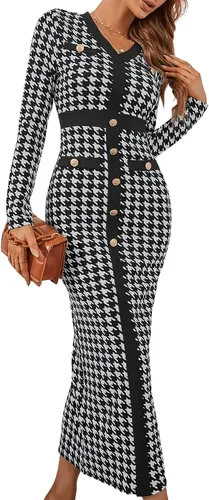 Vista 5 de WDIRARA Vestido largo de manga larga con cuello en V y cuello en V para mujer, diseño de pata de gallo