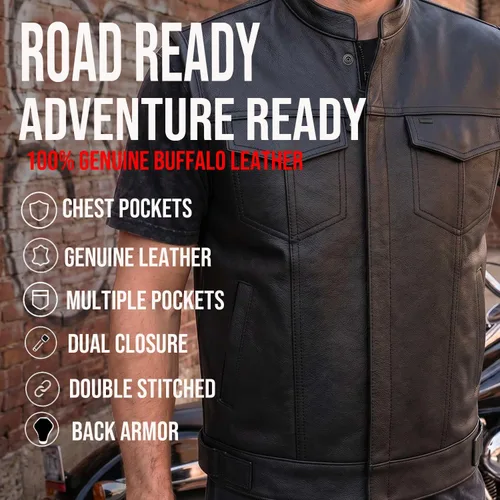 Vista 4 de SOA - Chaleco de motocicleta para hombre, piel de búfalo de alta calidad, armadura trasera, bolsillos interiores, chalecos de club de motociclista