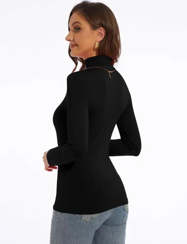 Vista 3 de DSPSAM Camisas de manga larga con cuello alto para mujer, ajustadas, ligeras, capa base, tops casuales