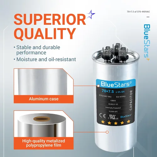 Vista 5 de [Certificado UL] BlueStars 70/7.5 uF 70+7.5 MFD 370 o 440 voltios VCA Condensador redondo de doble funcionamiento, compatible con aire acondicionado