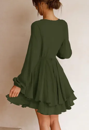 Vista 5 de Ferlema - Vestido sexy con cuello en V y manga larga con volantes y envolvente con lazo en la cintura, estilo casual, acampanado