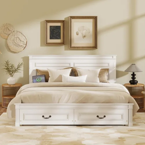 Vista 17 de JIVOIT Base de cama de plataforma de tamaño matrimonial con cabecero, cama de plataforma de madera estilo retro con patas de madera maciza Negro
