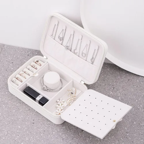 Vista 6 de SANQIANWAN Joyero de viaje de cuero de lujo para mujer, estuche de viaje portátil, anillos, aretes, collar, organizador multifuncional, regalo