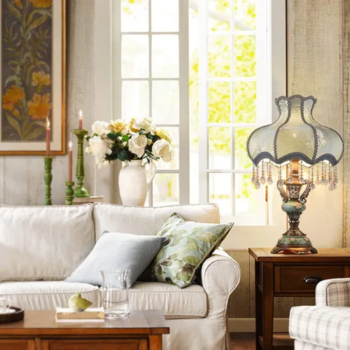 Vista 5 de Lámpara victoriana antigua OTTOSON de tela azul lámpara de mesa pastoral europea lámpara de mesa de noche en forma de florero 1 cabeza flor flor