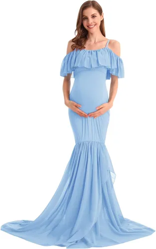 Vista 14 de MYRISAM Vestido de maternidad con volantes y hombros descubiertos para mujer, vestido de fiesta de sirena de gasa, vestido ajustado