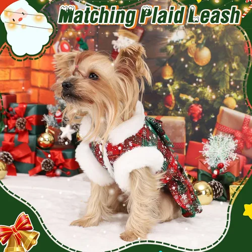 Vista 7 de Vestido de suéter de Navidad para perro con correa, conjunto de suéteres para cachorros para perros pequeños hembra, traje de mascota a cuadros