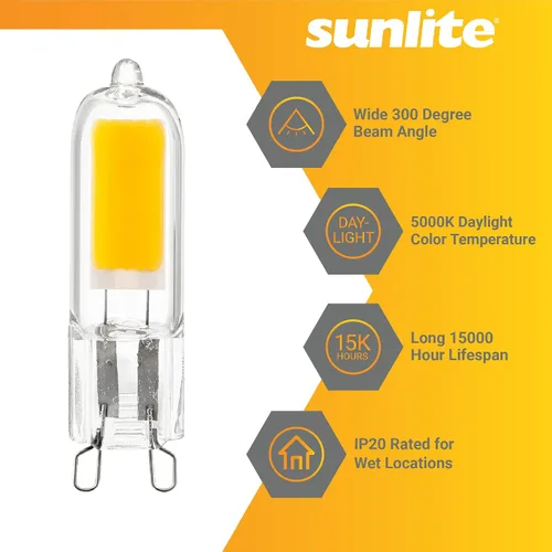 Vista 4 de Sunlite Bombilla LED G9 con base de dos pines, 2 vatios (equivalente a halógeno de 25 W), 200 lúmenes, no regulable, luz diurna de 5000 K, paquete