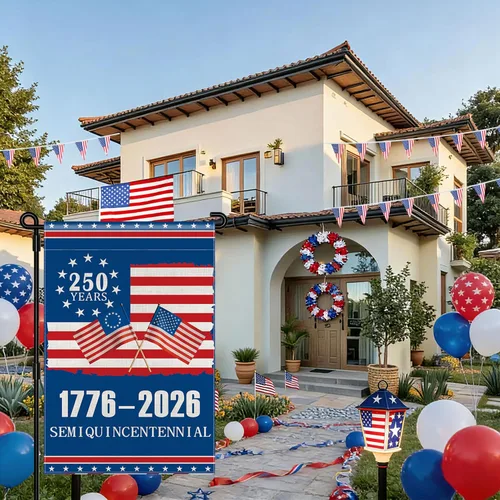 Vista 4 de Bandera de jardín del 250 aniversario de Estados Unidos, bandera americana 1776-2026 del 250 aniversario, bandera conmemorativa patriótica de doble