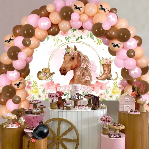 Vista 3 de Decoración para fiesta de vaquera occidental, fondo de fotos de caballo de carreras con flores rosas y kit de arco de guirnalda de globos