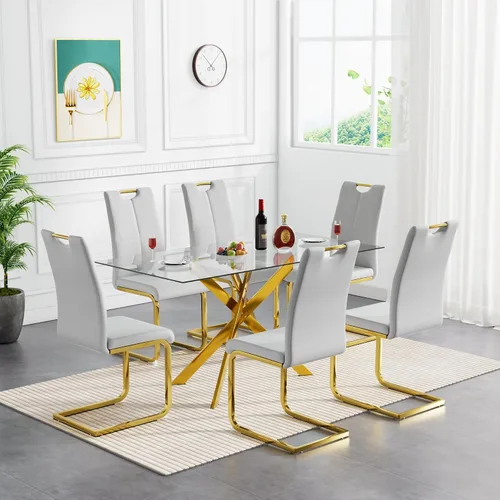 Vista 11 de SSLine Mesa de comedor moderna de cristal, rectangular de 51 pulgadas, color negro con patas de metal diseñadas en X para cocina y comedor