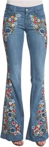 Vista 2 de Pantalones acampanados de pierna ancha con bordado floral, pantalones acampanados para mujer, pantalones de mezclilla con bordado de pierna retro