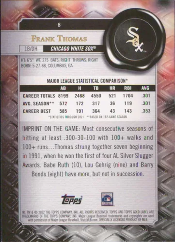 Vista 2 de 2022 Topps Gold Label Class 1#8 Frank Thomas Chicago White Sox Baseball Card - GotBaseballCards