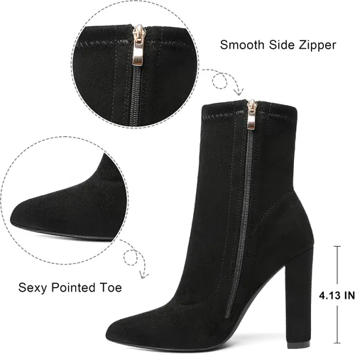 Vista 2 de risdoada Botas de tacón grueso para mujer, botas de tobillo puntiagudas de gamuza elástica para otoño e invierno, botines de tacón alto a media