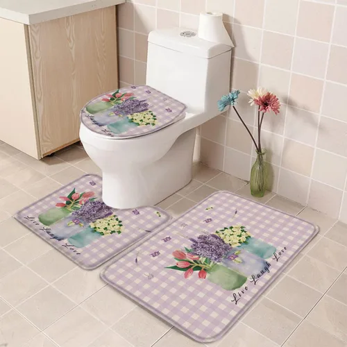 Vista 5 de Juego de alfombras de baño de 3 piezas, diseño floral antideslizante, tapete de contorno y tapa de inodoro, tapetes de ducha absorbentes, juego