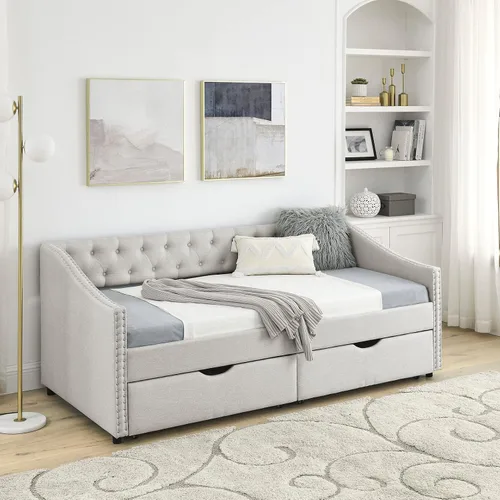 Vista 8 de Base de cama tamaño matrimonial de madera, base de cama diurna con 2 cajones de almacenamiento, sofá cama tapizada de tamaño matrimonial con diseño