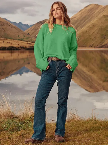 Vista 80 de LOGENE Suéter de gran tamaño para mujer, cuello redondo, manga larga, suave, mullido, suéter de punto 2025 para otoño e invierno