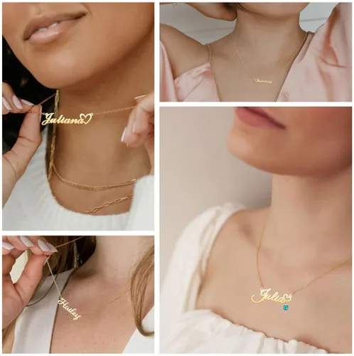 Vista 2 de Collar con nombre personalizado, chapado en oro de 18 quilates, joyería personalizada, regalo personalizado para mujeres, Metal, vidrio