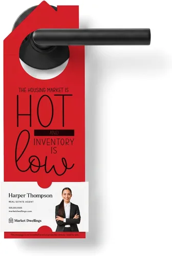 Vista 7 de Real Estate Door Hangers for Agents, The Housing Market Is Hot and Inventory Is Low, 50 Pack with Business Card Slot, 100lb Cardstock, White, Market