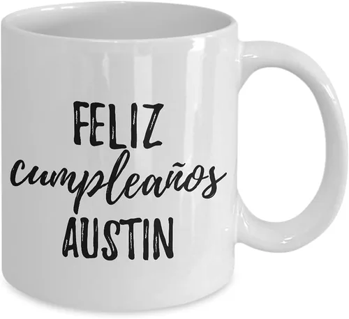 Vista 2 de Feliz Cumpleanos Austin Mug Spanish Happy Birthday Personalized Name Gift Coffee Tea Cup 11 oz