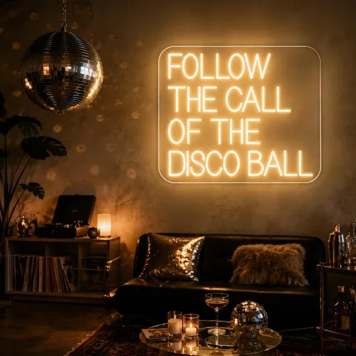 Vista 7 de Letrero de neón rosa con texto en inglés "Follow The Call Of The Disco" para decoración de pared, luz de neón alimentada por USB para discoteca