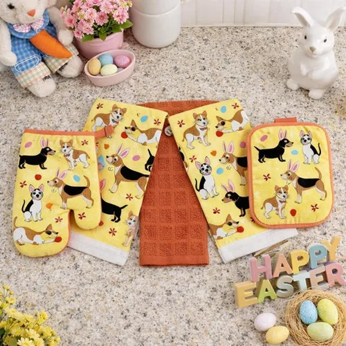 Vista 14 de Serafina Home Easter Kitchen Towel Set with Pot Holders, Spring Colored Eggs Design, 100% Cotton, White Orange Green, 5 Piece Set