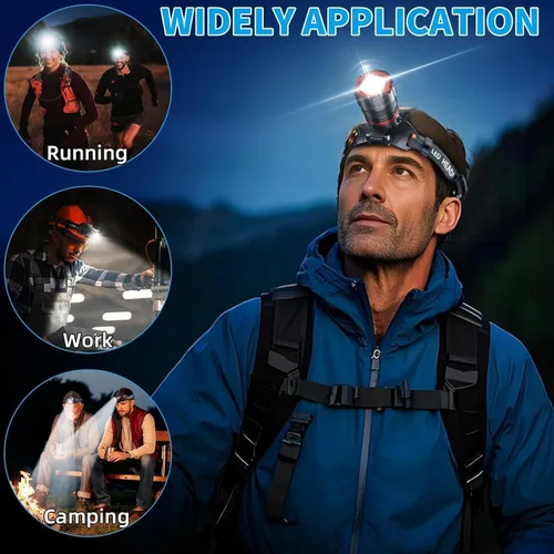 Vista 4 de Linterna frontal recargable de 90000 lúmenes, lámpara de cabeza ultra brillante, luz de casco duro con zoom, IPX54, accesorios de campamento, 6