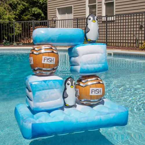 Vista 6 de Stack 'n Splash - Juego de piscina de pingüinos, juguete flotante para objetivo, construirlo, golpéalo, derriba. Juego de 10 piezas con 2 bolas