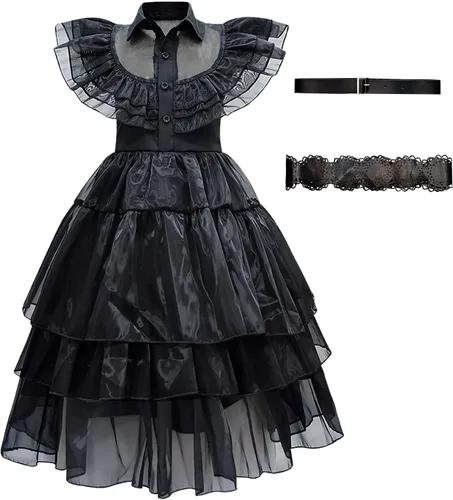 Vista 2 de Dworsky Wednesday Addams Dress,Wednesday Addams Costume Girls Lace Black Dress Halloween Party Gothic Cosplay