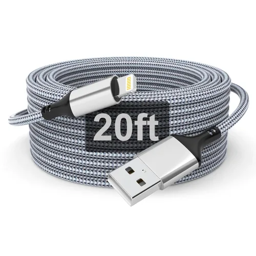 Vista 7 de Cable de carga extra largo para iPhone de 20 pies [certificado Apple MFi], cargador trenzado de carga rápida USB a Lightning para iPhone Negro