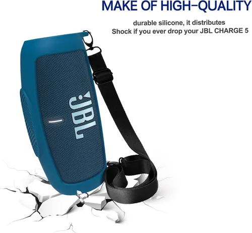Vista 5 de LTGEM - Funda de silicona para altavoz JBL Charge 5, protector de viaje de gel suave, bolsa de goma impermeable con correa para el hombro (azul)
