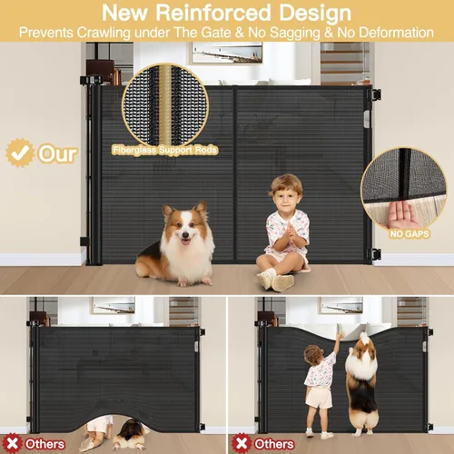 Vista 2 de Puerta Reforzada para Mascotas Extra Alta de 42" y Puerta Retráctil para Bebés de 55" de Ancho con Varillas de Soporte - Puerta Retráctil para Negro