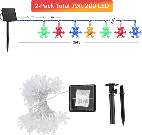 Vista 3 de Brightown Guirnalda de luces solares de copo de nieve de Navidad, 2 unidades, 100 luces LED de 39 pies para exteriores, impermeables, con 8 modos