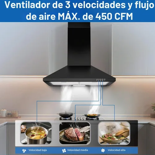 Vista 2 de [Usado] SNDOAS Campana extractora de 24 pulgadas, 450 CFM Campana extractora negra para montaje en pared, Campana extractora de cocina convertible