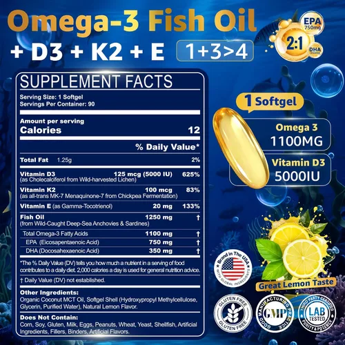 Vista 2 de Omega-3 Fish Oil Supplement 1250mg, Vitamin D3 5000IU, K2 E, 3-Month Supply