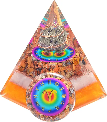 Vista 20 de Juego de pirámide de orgón y piedra de palmera de horóscopo, cristal curativo de acuario, signo del zodiaco, hecho de pirita y angelita para calma