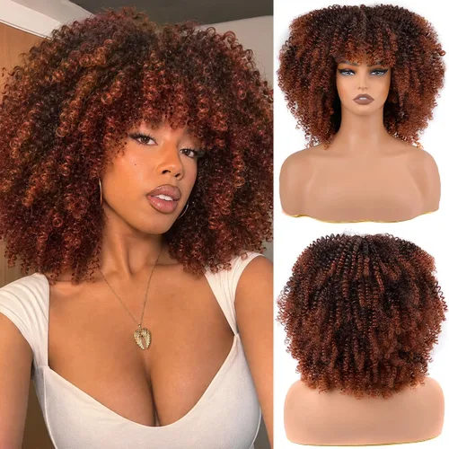 Vista 50 de Vitorish Peluca corta afro rizada con flequillo para mujeres negras, peluca sintética resistente al calor, color negro natural, para uso diario