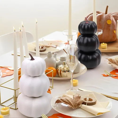 Vista 4 de Gresorth Juego de 2 calabazas artificiales apiladas blancas y negras para pintar, decoración artificial de Halloween, otoño, para el hogar, fiesta