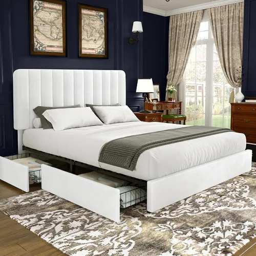 Vista 14 de VECELO Base de cama tapizada de tamaño matrimonial con 4 cajones y cabecero, plataforma de terciopelo, soporte de listones de madera, no necesita