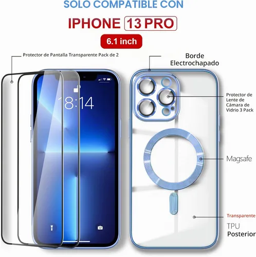 Vista 3 de Magsafe - Funda para iPhone 13 Pro, funda magnética transparente para teléfono con protector de pantalla y cubierta de cámara, funda galvanizada Azul