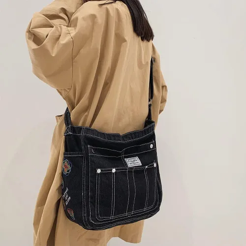 Vista 4 de Bolso de hombro de mezclilla para mujer, estilo casual, de lona, lindo bolso de viaje, bolso cruzado, bolso de gran capacidad
