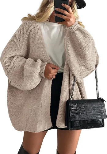 Vista 21 de PRETTYGARDEN Suéteres tipo cárdigan de gran tamaño para mujer Albaricoque