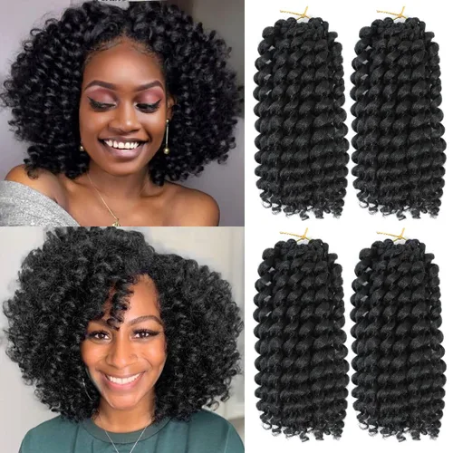 Vista 10 de Cabello Jamaicano de ganchillo para mujeres negras, 4 paquetes de 72 raíces, color negro natural, rizos de ganchillo corto preanudado