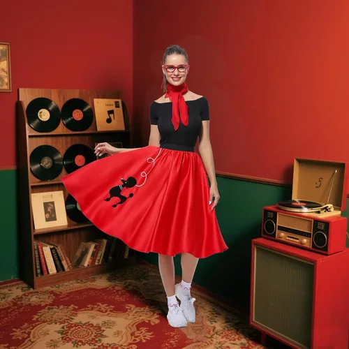 Vista 3 de Disfraz de Sock Hop para Mujer, Disfraz de Vestido de Caniche de los Años 1950 para Adulto, Falda de Caniche de los Años 50 con Gafas, Bufanda