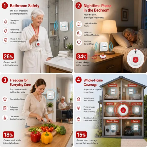 Vista 4 de CallToU Botón de llamada inalámbrico para cuidadores para ancianos en casa, sistema de alerta de enfermera de más de 500 pies para personas