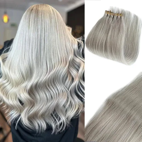 Vista 9 de Extensiones de cabello humano rubio con cinta, reflejos rubio ceniza y rubio platino, extensiones de cabello rubio platinado, cinta adhesiva