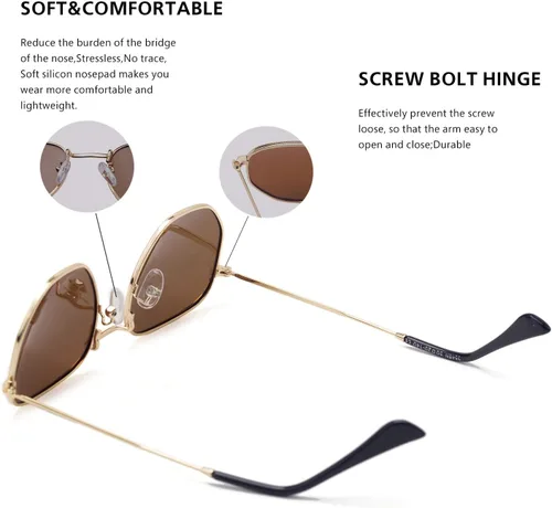 Vista 2 de Hipster. - Lentes de sol polarizados hexagonales para hombre y mujer, diseño geométrico, cuadrados, pequeños, marco de metal vintage, gafas de sol