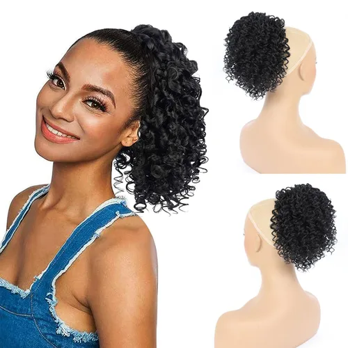 Vista 10 de Cola de caballo con cordón para mujeres negras, cola de caballo rizada afro para mujeres negras, cola de caballo rizada de onda corta, extensiones