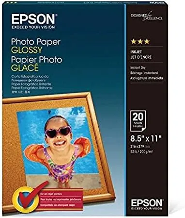 Vista 2 de Epson Papel fotográfico brillante, 8.5 x 11 pulgadas, 20 hojas por paquete (S041141), color blanco